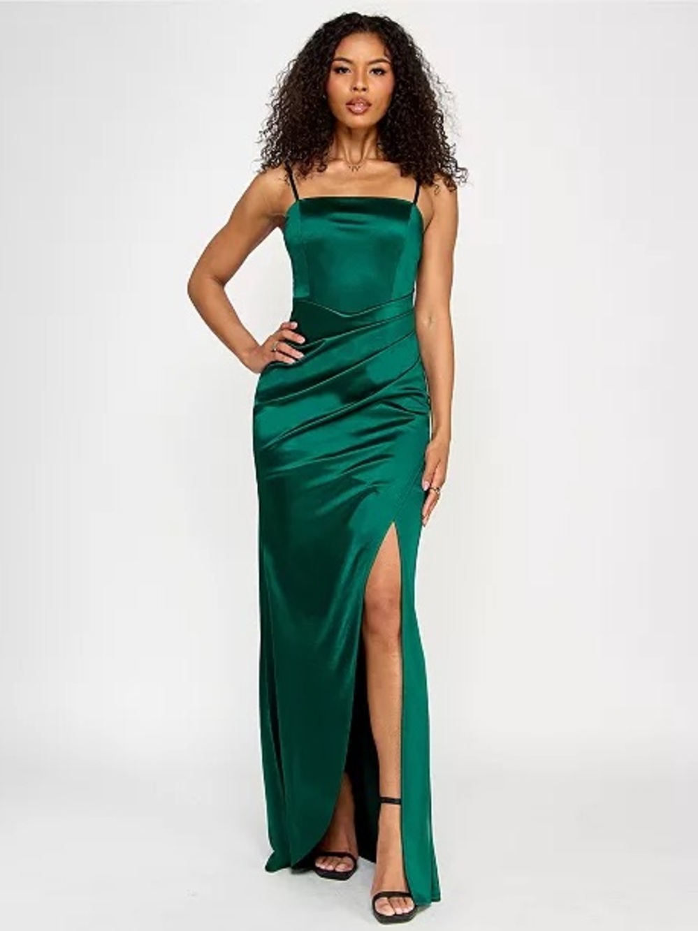 Emerald Sundae Satin Emerald Green Maxi Dress with High Slit
